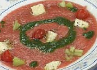 Студена доматена супа с мариновано ов...