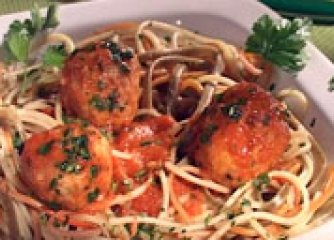 Пилешки кюфтенца с доматен сос и спагети